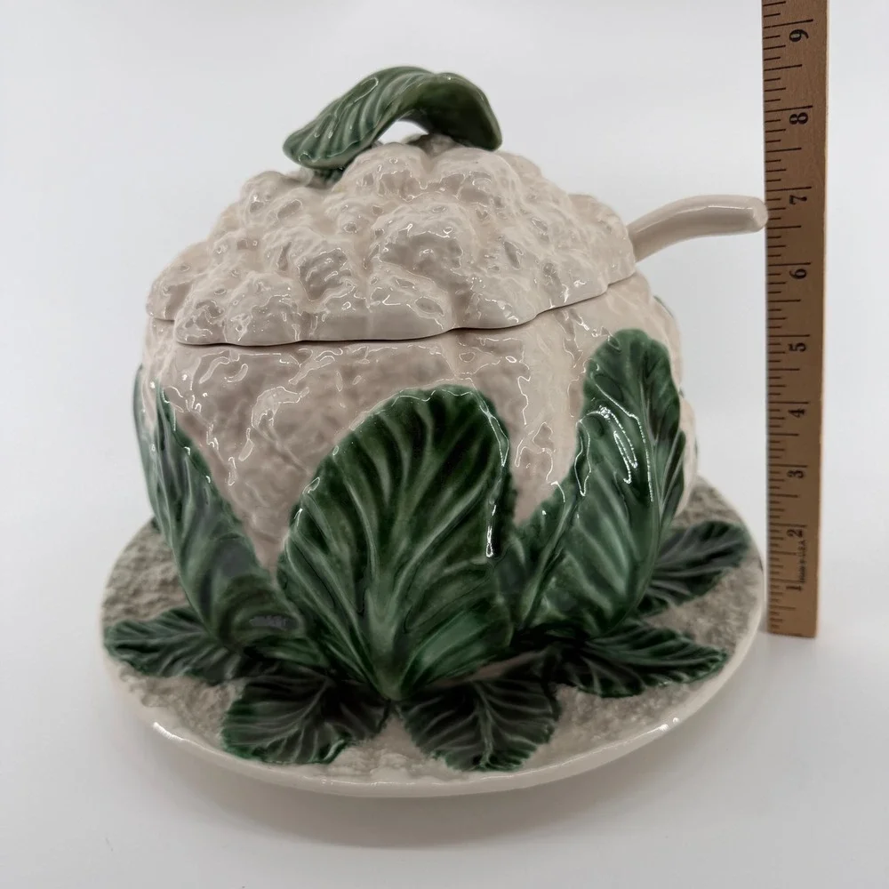 Vintage Portugal Ceramic Cauliflower Tureen Set Lid Ladle Underplate Majolica